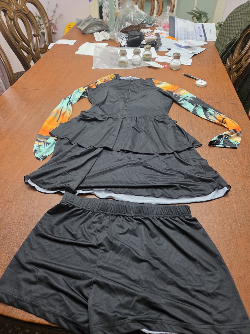 Black Tiered Swim Coverup Dress with Tropical-Print Long Sleeves